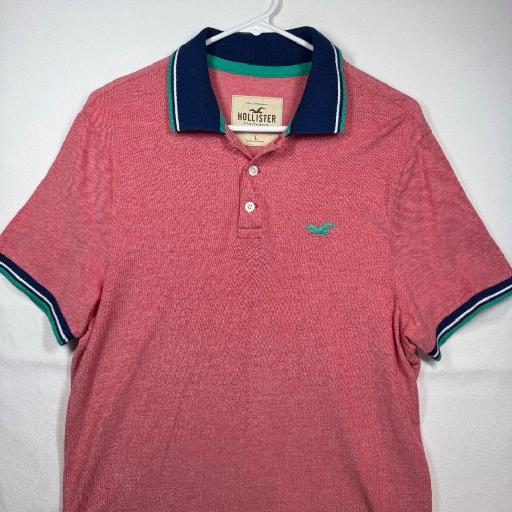 Hollister California Mens Polo Shirt L‎ Washed Red Teal Trim Casual